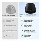 Comparatif entre un bonnet froid classique et le bonnet de thermothérapie Kura : 360°, noir complet sur les yeux, gel de 8 mm, tissu doux et extensible